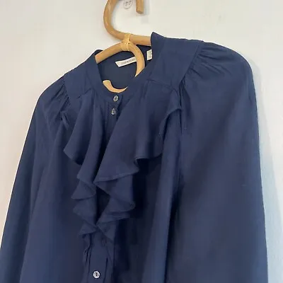 $10 • Buy Country Road Rayon & Silk Navy Blue Ruffle Button Up Shirt Work Wear Medium