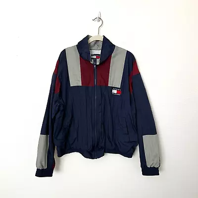 Vintage 90s Tommy Hilfiger Sz Large L Blue Colorblock Windbreaker Zip Up Jacket • $39.97