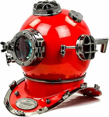 Vintage Red Diving Helmet Full Size Navy Mark V Marine Divers Helmet Wood Base • $231.25