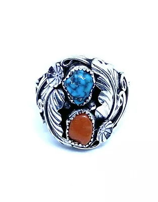 Native American Sterling Navajo Handmade Turquoise And Coral Mens Ring Size 12.5 • $89.99