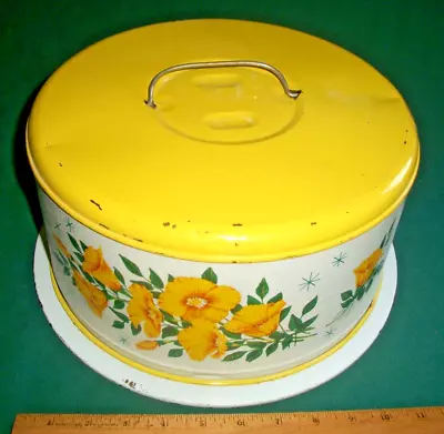 Vintage Mid-Century Yellow Floral Metal/Tin Cake/Pie Carrier Retro Kitschy • $45