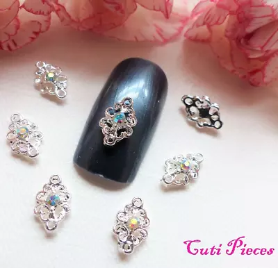 3D Nail Art Small Silver Filigree Lace AB Jeweled Rhinestone Metal Alloy Gems • £3.25