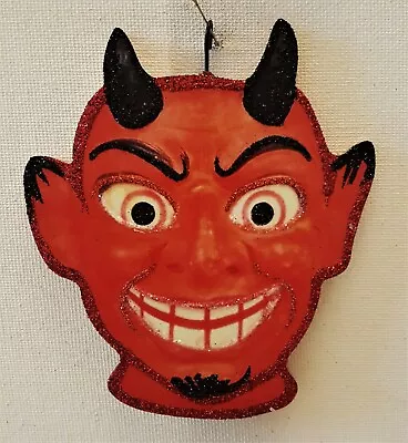 GRINNING HORNED RED DEVIL MAN * Glitter WOOD HALLOWEEN ORNAMENT * Vtg Img • $10.50