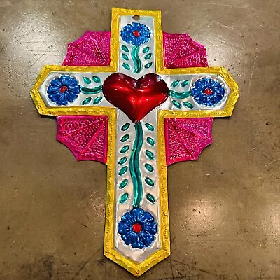 Mexican 3D Milagro Tin Floral Heart Cross Hand Painted Embossed Large 11.5” X 9” • $20.95