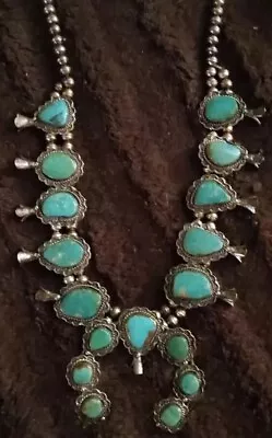 Vintage Sterling Silver Native American  Turquoise Squash Blossom Necklace • $1199