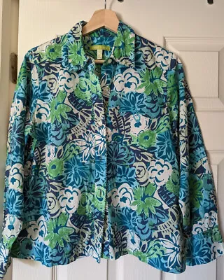 SIGRID OLSEN - 100% Cotton - Shirt Blouse - Green Blue Floral - Sz M Petite T13 • $12.99