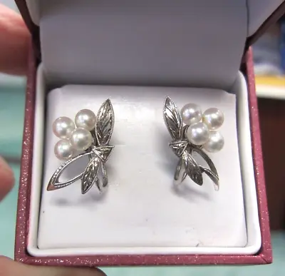 1960's Mikimoto Bouquet Cluster Pearl Earrings In Silver 4.6 Grams • $139.99