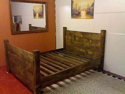Kingsize Rustic Plank Bed Finished In Dark Oak Wax • £400