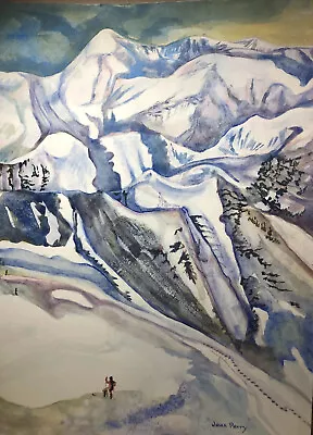 Original Art Watercolor Mountain Snow Joan Perry (1928-2019) 20” H X 15” W • $68