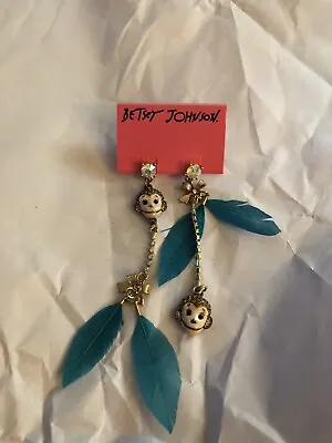 Nwt Betsey Johnson Monkey W/blue Feather Earrings & Bow • $34