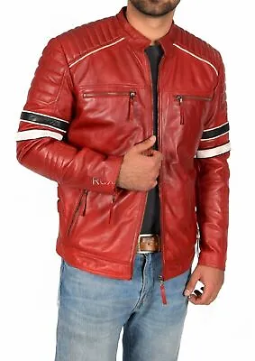 Handmade Men's Genuine Lambskin Leather Jacket Stylish RED Long Sleeve Biker • $123.75
