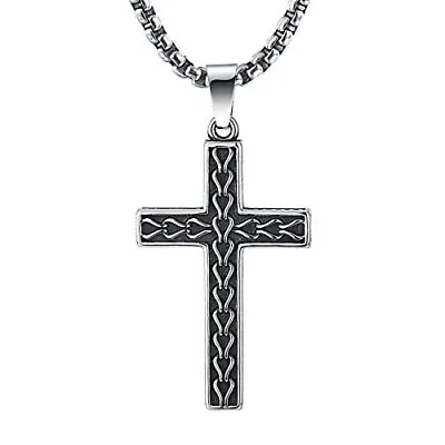 Classic Black Mens Titanium Cross Necklace Pendant22.5  Rolo Curb Chain • $37.99