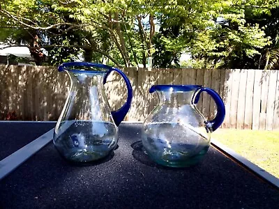 Hand Blown Mexican Glass Pitcher With Cobalt Blue Handle And Rim Sizes Small And • $38