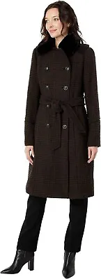 Vince Camuto Double-Breasted Belted Wool Coat With Faux Fur Collar V20731-ME Bla • $49.99