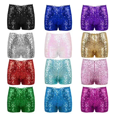 UK Kids Girls Shiny Sequins Dance Shorts Tap Jazz Performance Costume Hot Pants • £12.41