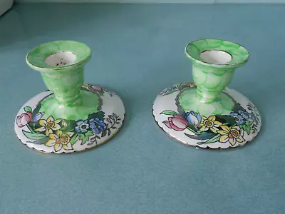 Vintage 1950's Maling Lustre Ware Pair Of Candlesticks - Springtime • £17.95