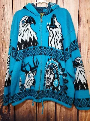 Tejidos Ruminahui Vtg Wool Sweater Size XL Zipper Hoodie Native American Wolf • $93