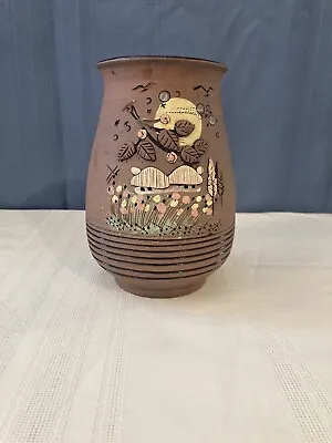 Vintage Stoneware Vase W/Raised Decoration. Mushrooms Flowers Moon Birds. 6”T • $13.50