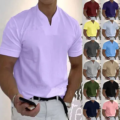 Mens Henley V Neck Shirts Plain Grandad Short Sleeve Loose Casual Work T-Shirt • £8.89