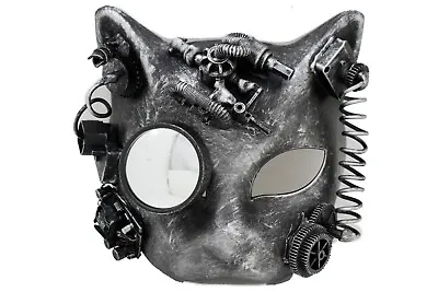 Men Women Metallic Black Cat Face Mask Rave Gothic Steampunk Halloween Costume • $20.21