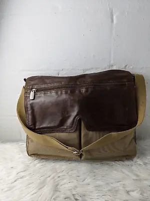 Fossil Messanger Bag Khaki Canvas Brown Leather Shoulder Strap Leather Detail Sn • $81.70