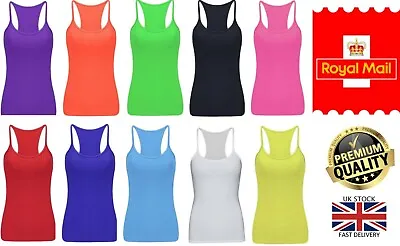 New Women's Neon 80s Dance Party Fancy Dress Muscle Racer Back Vest Top • £3.95