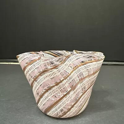 Italian Murano Blown Glass Pink Latticinio Ribbon Small Venini Bowl Vase • $129.99