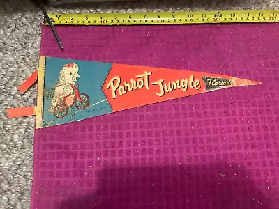 VTG Parrot Jungle Miami Florida Souvenir Pennant PINKY RIDES THE BIKE -Ship Fast • $15.69