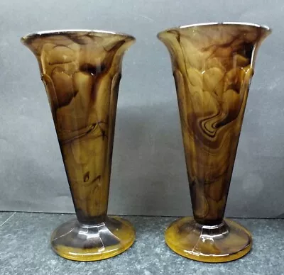 Fine Pair Of 1930s Davidson No. 51 Cloud Glass Amber Brown Trumpet/sundae Vases • £18