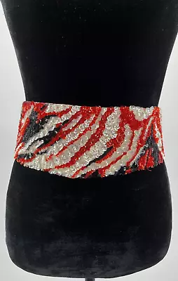 Vintage La Mendola Minuet Art Deco Hand Beaded Red Black Pure Silk Chiffon Belt • $149.99