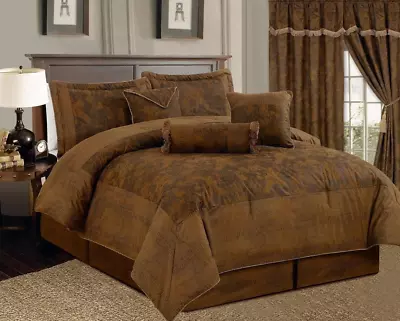 7 Piece Dark Camel Brown Lavish 106 X 94  Comforter Set Micro Suede Bed In A Bag • $135.99