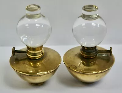 Pair Hand Made Miniature Solid Brass & Glass Oil Lamps 2.5  Tall • £16