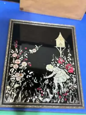 Girl In Flower Garden Framed Foil Art Picture - Very Old Antique - Vintage • $12