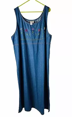 NOS VTG 90s Womens 2XL Floral Embroidered Long Denim Jean Overall Dress • $53.39