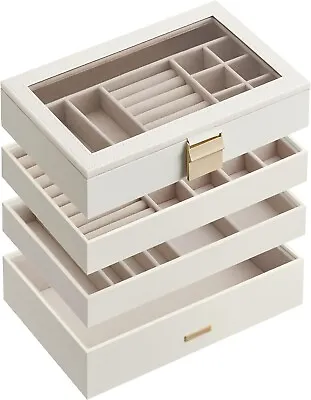 SONGMICS White Gold Stackable Jewellery Trays 4-Tier 17 X 28 X 18.3 Cm Organiser • £16.99