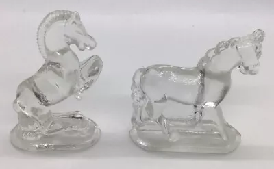 Vintage LE Smith Miniature Pressed Clear Glass Stallion Horse Figurines Set Of 2 • $12.99