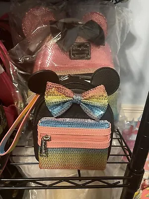 New Disney Parks  Loungefly Minnie Mouse Rainbow Sequins Mini Backpack Wristlet • $256.17