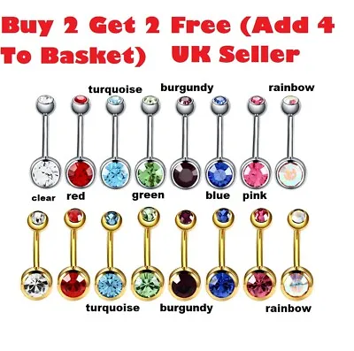 £2.44 • Buy Belly Bar Surgical Steel Double Crystal Gem Navel Bar Button Ring Belly Bars UK