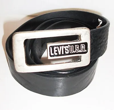 LEVI STRAUSS LEVIS USA ITALY REAL LEATHER Black BELT 28 30 Silver BUCKLE 89cm • £25