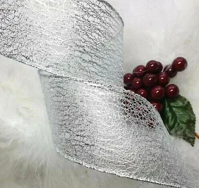 1m X 63mm WIRED CHRISTMAS RIBBON SILVER WEB MESH SPARKLE TREE GIFT FLORAL BOW • £2.20