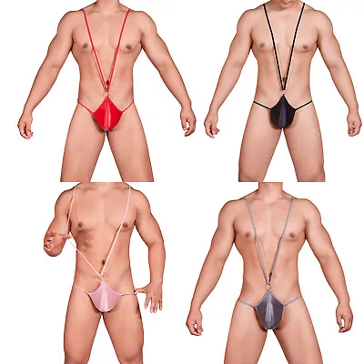 Mens Mankini Sexy Suspender Shiny Underwear Convex Pouch Thongs Strappy Glossy • £8.39