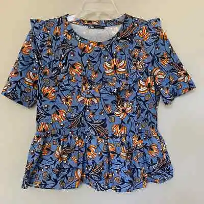 Zara Floral Peplum Blouse With Ruffle Trim Short Sleeves 100% Cotton Size Small • $18