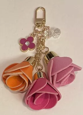 Orange Bubblegum Hot Pink Leather Roses Tassel Rhinestone Crystal Gold Bag Charm • $15.95