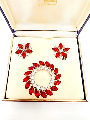 Vintage SIGNED B DAVID Set Red Rhinestone Brooch Clip Earrings In Original Box • $40