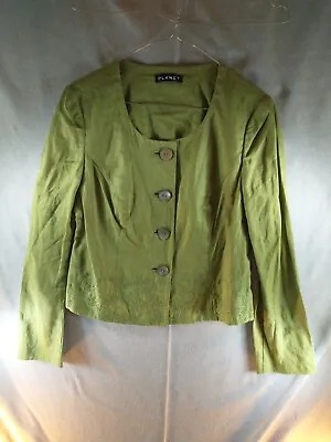 Planet Womens Linen Jacket UK 10 Green Collarless Blazer Event Office EU 36 • £10.99