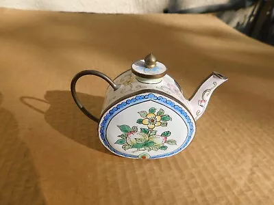 Vintage Chinese Copper Enamel Miniature Tea Pot Hand Painted Floral Cloisonne 4  • $16.99