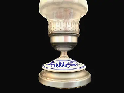 Vintage Candle Stick Holder W Glass Chimney & Cobalt & White Porcelain 11.5 Inch • $25