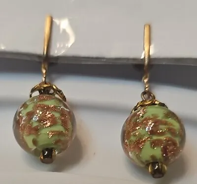 Vtg Italian Aventurine Murano Glass Gold Foil Screwback Earrings Handmade Italy  • $25