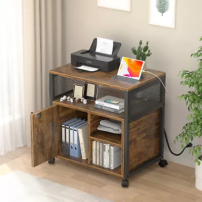 Rolling Lateral File Cabinet Locking Office Printer Stand With Socket & USB Port • $109.99