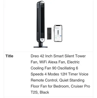 Dreo 42 Inch Smart Silent Tower Fan WiFi Alexa Fan Electric Cooling Fan 90° • £53